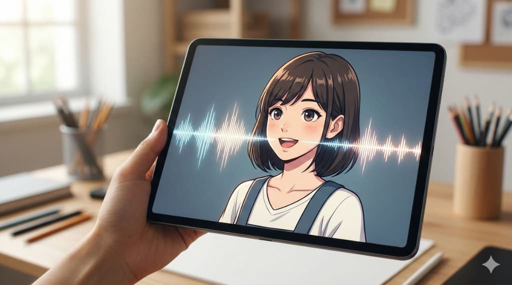 音声データに合わせてAIがキャラクターのイラストを自然に喋らせるリップシンク機能のイメージ