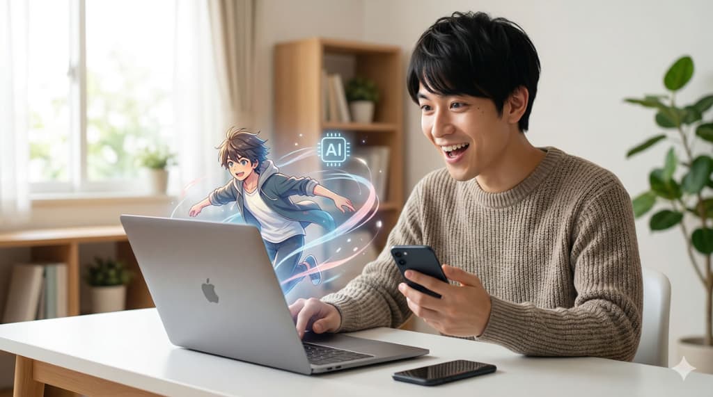 ノートパソコンとスマホを使ってAIで画像を動かす操作を楽しみ、驚き喜んでいる男性。