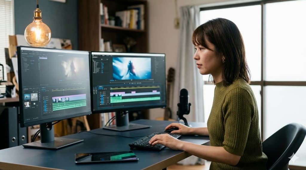 AI動画の編集に集中する女性。単なる量産ではなく、企画や構成でオリジナル性を高める重要性