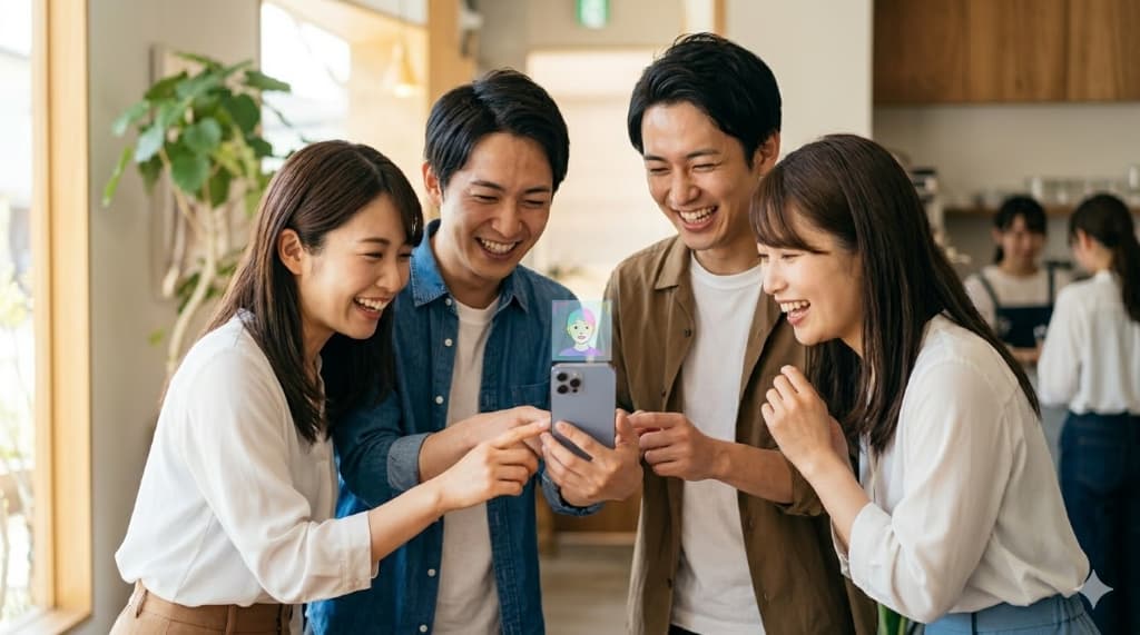 スマートフォンで顔診断の結果で笑う仲間