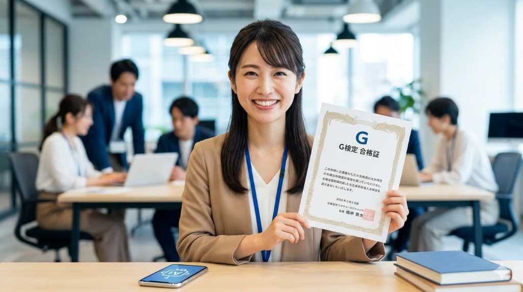 笑顔でG検定の合格証書を持つ自信に満ちた女性ビジネスパーソン