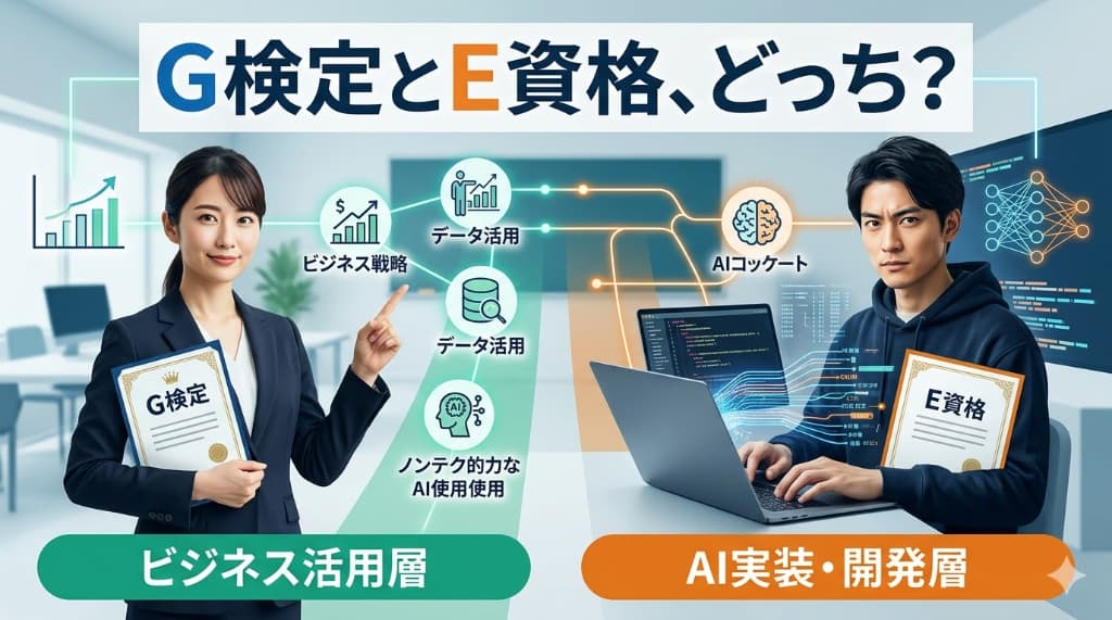 G検定とE資格の選択ガイド図。