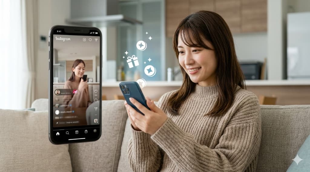 スマートフォンからInstagramのギフト機能（投げ銭）を受け取り、ファンからの応援を実感する笑顔の日本人女性