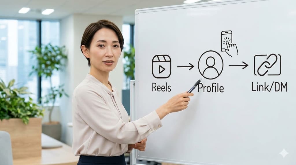 ホワイトボードの前で、Instagram動画のリール投稿からプロフィールへのアクセス、そしてリンク導線への流れを解説する日本人女性マーケター