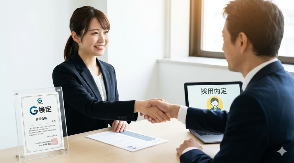 面接官と笑顔で握手する女性応募者。