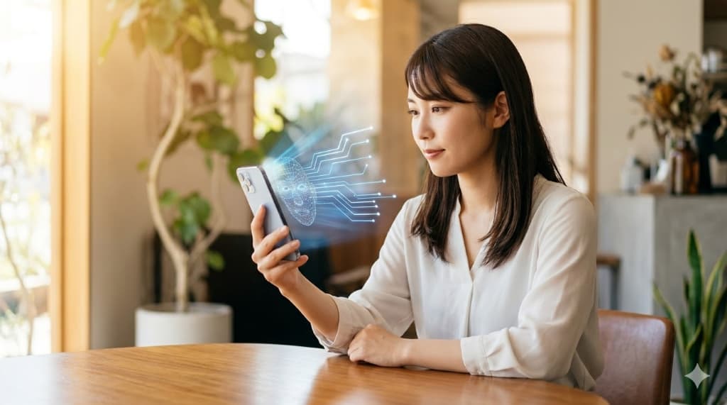 明るい室内で顔診断アプリのために自撮りをする女性