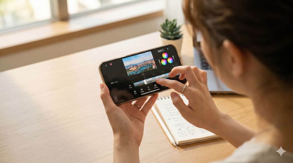 CapCutの動画編集画面を操作する女性