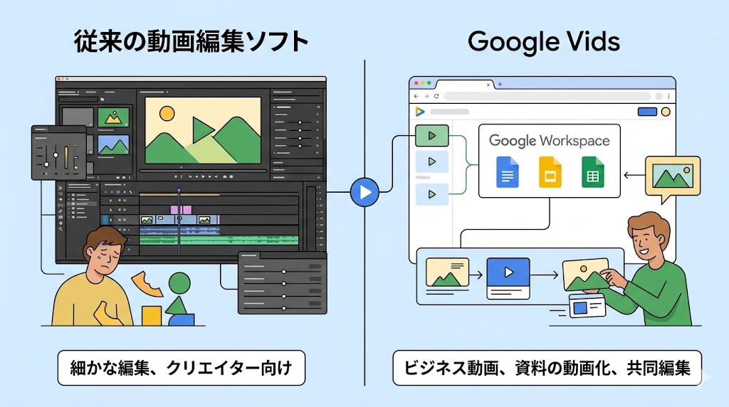 従来の複雑な動画編集ソフトとGoogle Vidsの比較図。左側は多くのパネルと細かなタイムラインがある編集画面、右側はGoogle Docs、Slides、Driveと連携し、ビジネス資料を動画化するシンプルなブラウザ画面