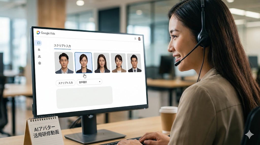 Google VidsのAIアバター選択画面が表示されており、複数のアジア人アバターと「スクリプト入力」「音声選択」のオプションが見える。