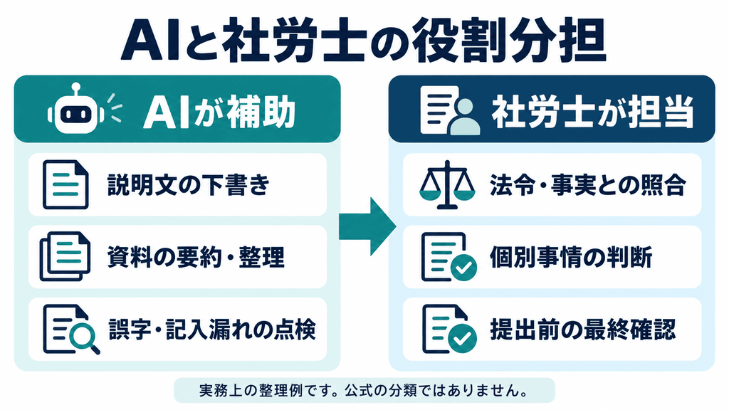 AIが補助する下書き・要約・点検と、社労士が担う判断・照合・最終確認の役割分担