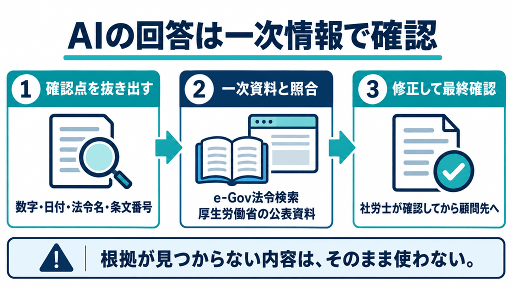 AIの回答から確認点を抜き出し、e-Govや厚生労働省の一次資料と照合して社労士が最終確認する手順