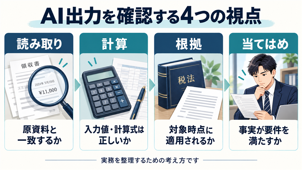 税理士のAI活用で確認する読み取り・計算・根拠・当てはめの4つの視点